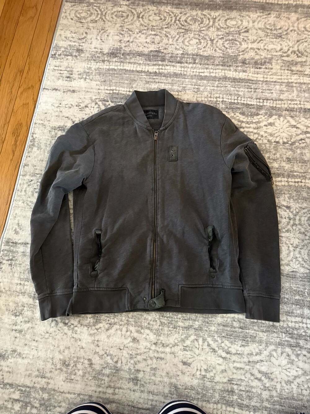 AllSaints West Bomber Jacket Dark Grey Cotton Full Zip Sweatshirt